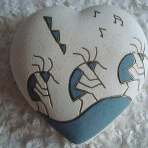Vtg Signed Kokopelli Pottery Heart Shaped Dish Bowl Lid Painted Inlaid 22k Gold